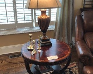 Two tier mahogany occasional table with burl top and inlaid border