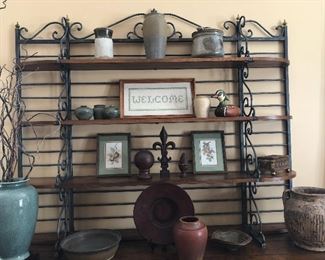 Bakers rack not for sale, vase on left is sold....but all other  items on shelves are for sale.
