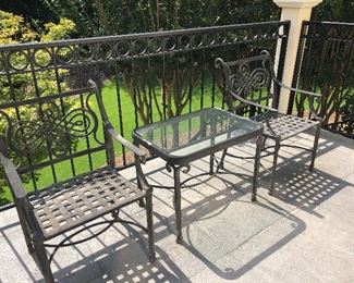 Metal chairs (lattice seats) and side table