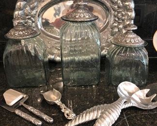 Pewter Turkey platter;  hand blown canisters                            PEWTER SALAD TONGS - SOLD