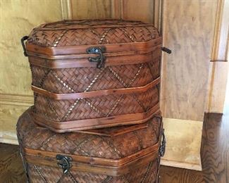 Pair of unique storage baskets with brass wrapped rattan strips  (ONE IS SOLD)