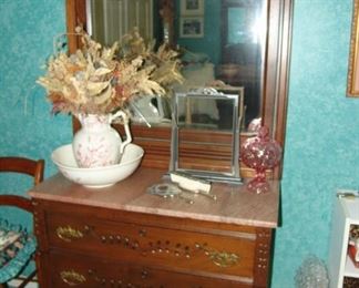 Walnut Eastlake dresser with pink marble
