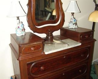 Antique walnut wishbone dresser with marble insert, wig drawers, race track moulding, and original pulls