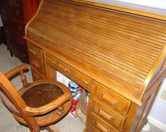 Oak roll top desk and chair
