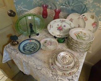 Indian Tree china, green depression glass platter, and Italian floral plates