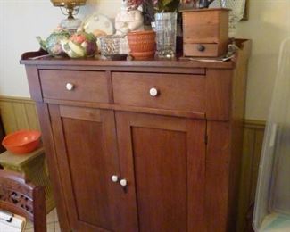 Walnut Federal Jelly cupboard (Circa 1830) and antique coffee grinder