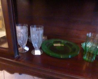  Iris and Herrinbone glasses and green depression glass