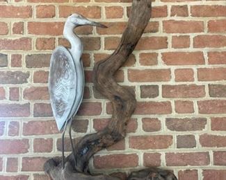 White Egret Carving on Driftwood 