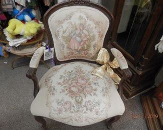 ***discounted to $120***King Louie style arm chair with "FLORAL NEEDLEPOINT"  upholstered seat, front and back and arms.....Excellent condition *** $195 ***   Call Charlotte, make appointment, come visit.  (760)445-8571