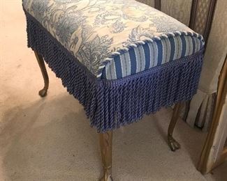 Roll top foot stool with Queen Ann, Cabriolet legs in gold finish. Blue White fabric
PreSale Furniture- Email/Phone pricing