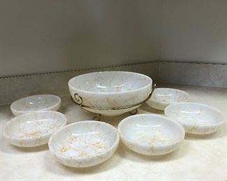 Vintage 1950’s Hazel Atlas Yellow String Milk glass Salad bowl set WITH STAND!!!