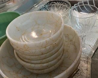 Vintage 1950’s Hazel Atlas Yellow String Milk glass Salad bowl set WITH STAND!!!