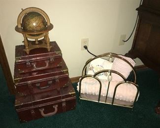 Decorative stacking luggage boxes
Vintage Brass mag rack
Vintage Chenille shams