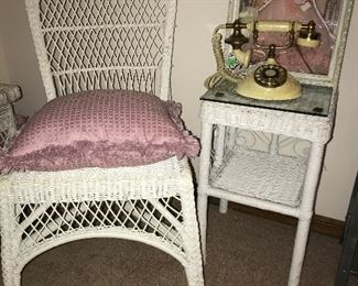 (•SOLD• Antique wicker chair)
Victorian Peacock scroll wicker telephone stand
Vintage phone is scroll embossed