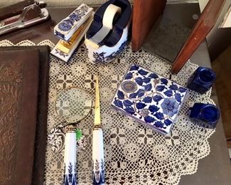 Blue White Gold Painted Porcelain Desk set- Trinket box, stapler, letter opener, taped dispenser, magnifier