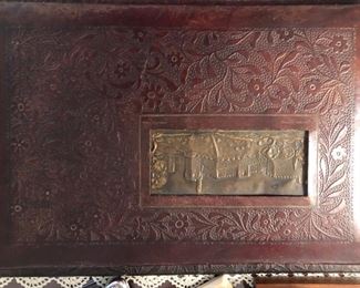 Antique tooled leather desk topper/ledger
