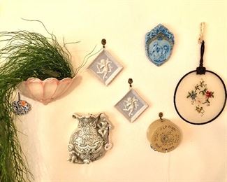 Vintage wall pockets and silk embroidered fan