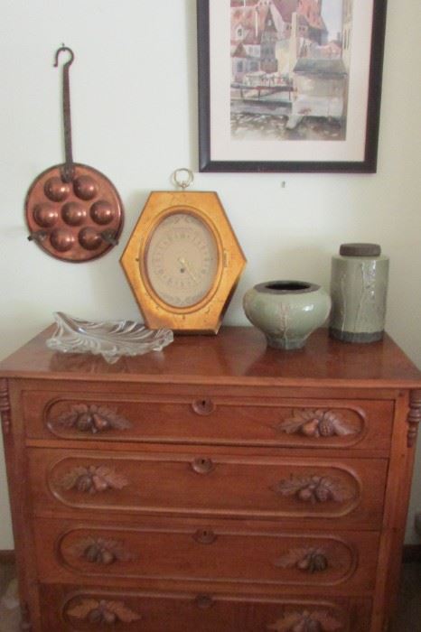 I love these oak leaf dressers so many ways to use this piece. OK and the copper pan is cool too. Escargot anyone.