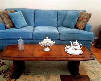 Princess House candy dish on the coffee table.  Royal Albert Old Country Roses Tea Pot, Cream and Sugar, and Royal Albert Serving tray.  All pieces sold separately, except cream and sugar.