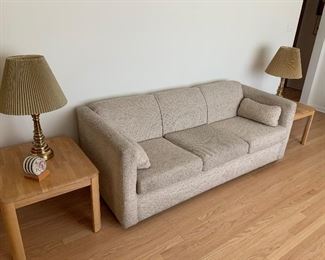 Pullout sofa sleeper, end tables and lamps 