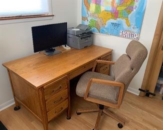 Desk, monitor, printer and office chair 