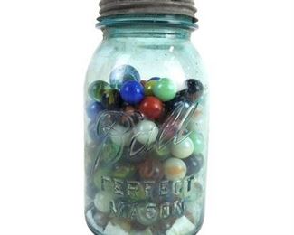 Lot 104
Vintage Marbles in Aqua Ball Canning Jar