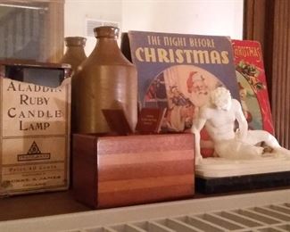 Aladdin Ruby Candle Lamp, crock Ink Bottle, Vintage Christmas books