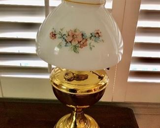 $75 Painted glass and brass hurricane lamp. 21" H. 