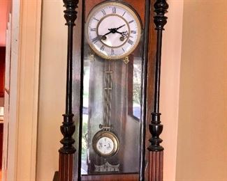 $120 Antique wall clock.  12" W, 6" D, 28" H. 