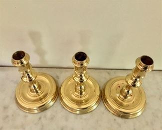 $30 Set of three brass candlesticks.  Each 6" H, base 4.5" diam. 
