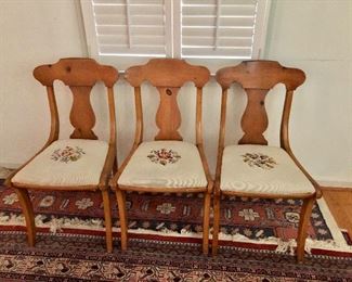 $375 Set of three , vintage chairs with needlepoint seats.  Each 18.5" W, 16.5" D, 34.5" H. 