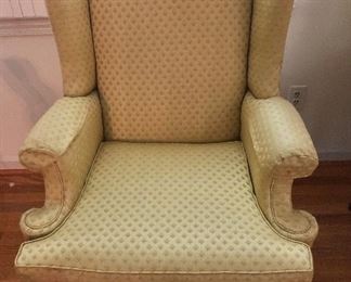 $150 Yellow upholstered wingback chair.  32" W, 34" D, 43" H. 