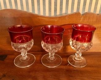 $30 set of 3 Cranberry and clear glass goblets.  3" diam, 5.5" H. 