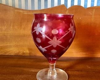 $15 Etched cranberry glass  goblet.   4" diam, 6" H. 