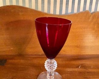 $10 Cranberry  and clear glass goblet.   3.5" diam, 7" H. 