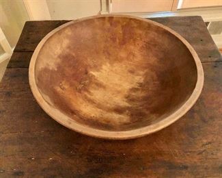 $100 Signed vintage large wood bowl. 17" diam, 5" H. 