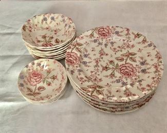 $95 Johnson Bros dinnerware. Dinner plates (8) each 10" diam, bowls (8) each 6.5" diam, fruit bowls (4) each 5" diam. 