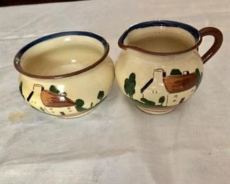 $20 Painted ceramic creamer and sugar bowl.  Creamer 4" diam, 3" H; sugar bowl 4" diam, 2.5" H. 