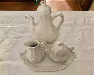 $40 Ironstone  white ceramic coffee set.  Coffee pot 11" H, platter 12" W. 