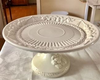 $35 White ceramic footed cake plate. Italy.  14" diam, 7" H. 