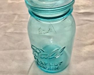 $20 Vintage blue covered Ball jar.  4" diam, 7" H. 