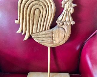 $60 Raintree Gallery ( Leucester County, PA) hand carved wood folk art rooster.  10" W, 17" H.  