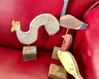 $75 Set of three hand carved and painted wood folk art birds.   6" H to 10" H. 