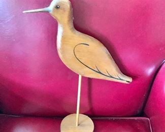 $50 Hand carved and painted wood folk art sandpiper.  9" W, 14.5" H. 