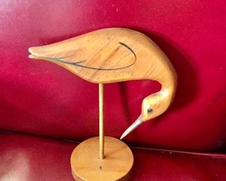 $50 Hand carved and painted wood folk art feeding sandpiper.   7" W, 9" H. 
