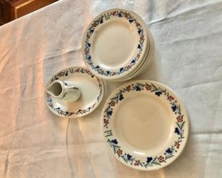 $45 SET ALL Meyer China Company: luncheon plates (10) 6" diam, dinner plates (3) 8" diam, pitcher 3.5" H.