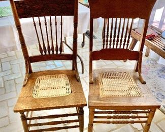 $85 for left chair - Vintage wood chairs with woven rattan seats.  Left: 17" W, 15" D, 41.5" H.  Right: 18" W, 16" D, 40" H.  RIGHT CHAIR SOLD.