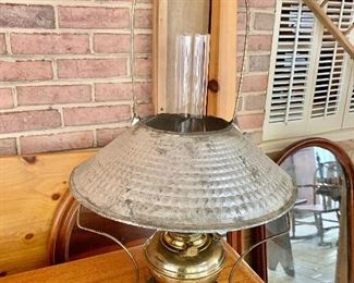 $60 Lantern with metal shade and brass base.  16" diam, 27" H. 