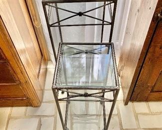 $195 Pair metal/glass side tables.  12" W, 12" D, 28" H; and 9.5" W, 9.5" D, 22" H. 