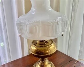 $75 Vintage brass lamp with milk glass globe.  10.5" diam, 21" H. 